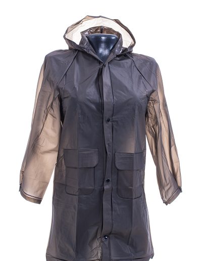 Mannequin wearing a transparent black waterproof coat
