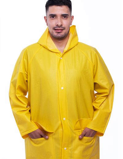 Man from behind wearing a waterproof coat with hood and indirect ventilation