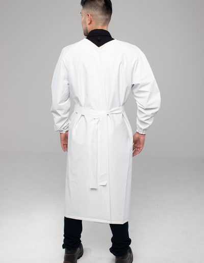 Man wearing a white waterproof gown
