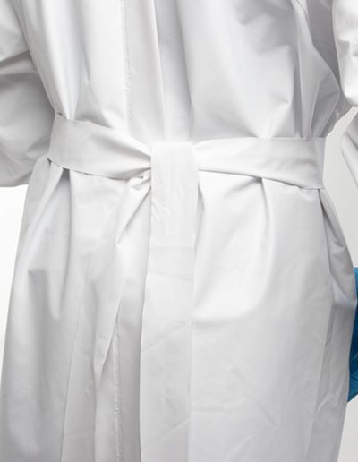 Back detail of a white waterproof gown