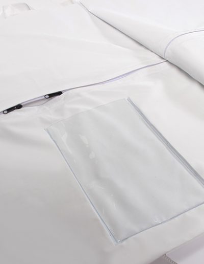 Detail of a white waterproof mortuary bag