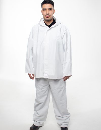 Man wearing a two-piece waterproof suit
