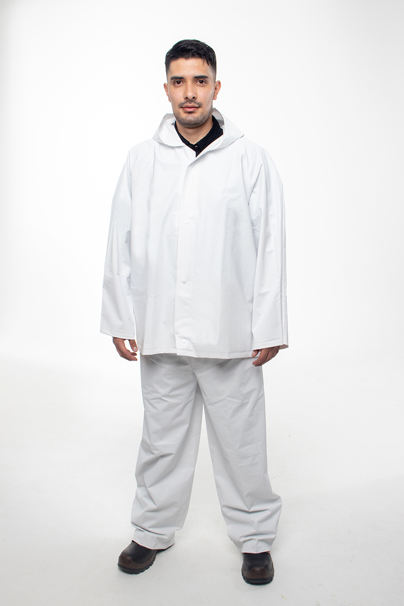 Man wearing a two-piece waterproof suit