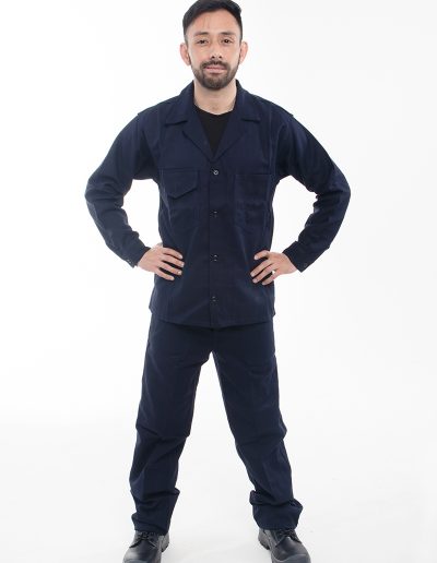 Man wearing a two-piece drill work outfit
