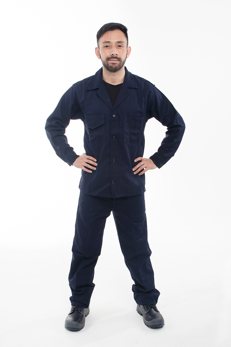 Man wearing a two-piece drill work outfit