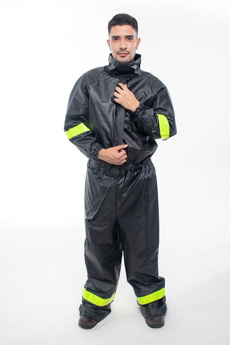 Man wearing a one-piece motorcycle rain suit