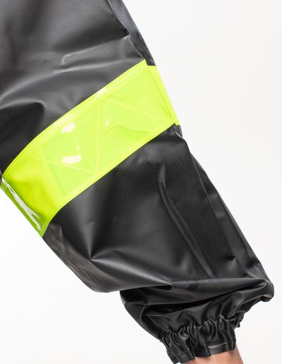 Detail of a sleeve of a one-piece motorcycle rain suit