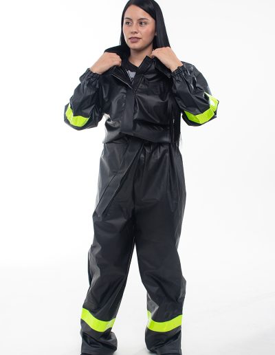 Woman wearing a one-piece motorcycle rain suit