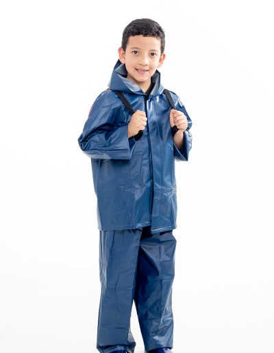 Child wearing a blue motorcycle raincoat