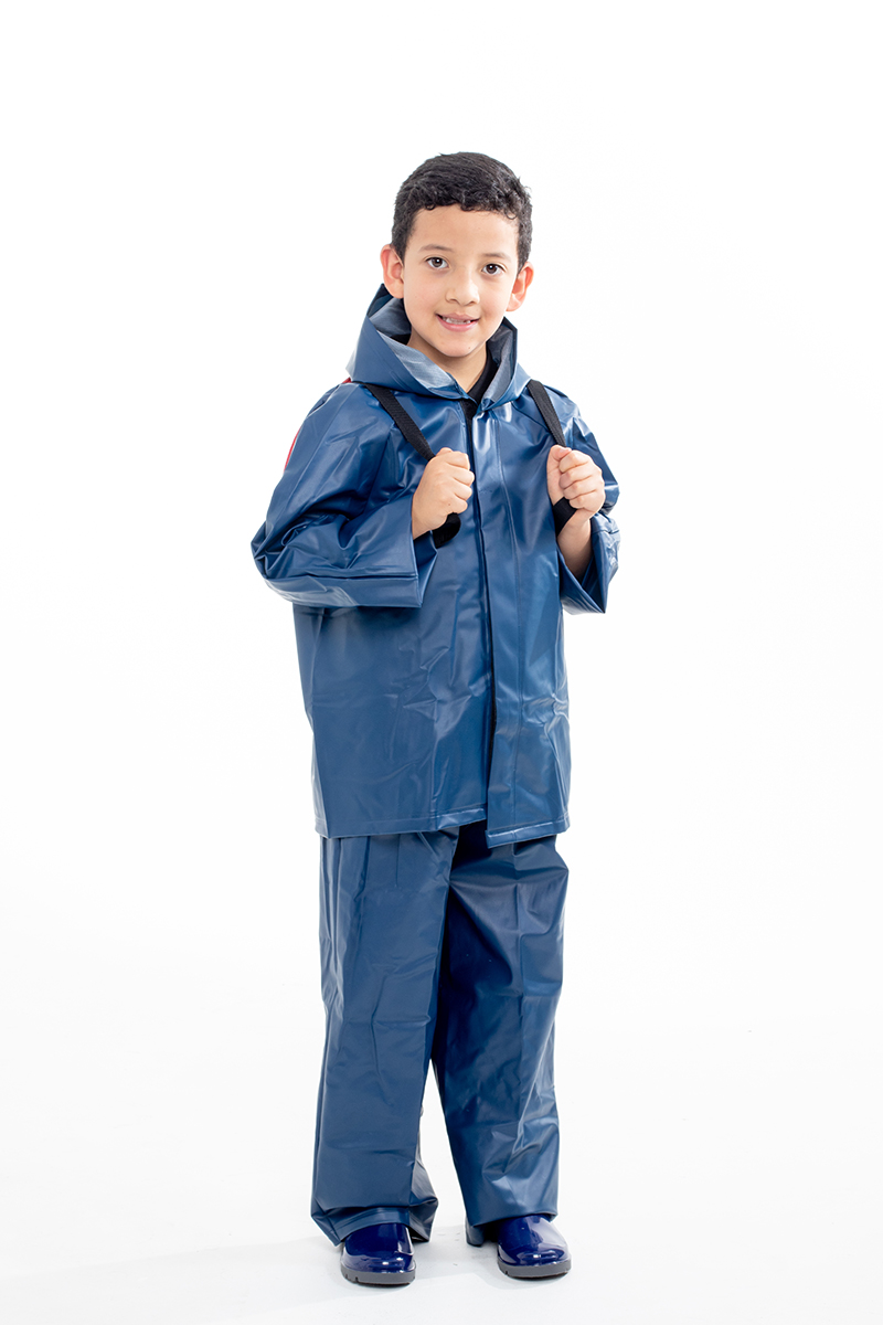 Child wearing a blue motorcycle raincoat