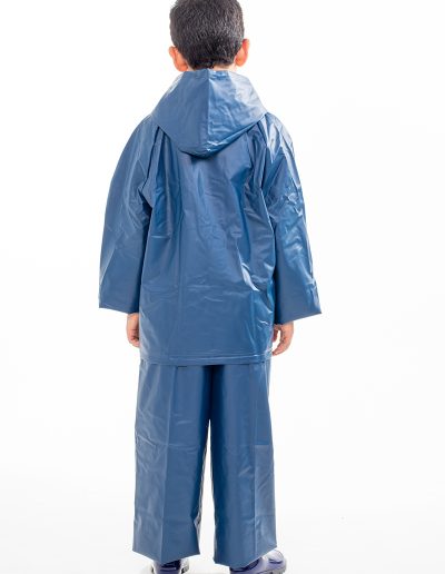 Child from behind wearing a blue motorcycle raincoat