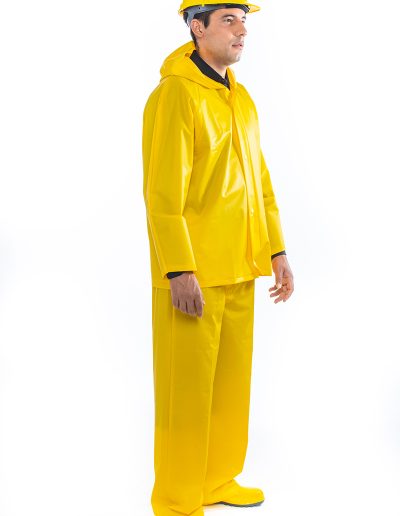 Man from behind wearing a two-piece waterproof suit with snap fasteners