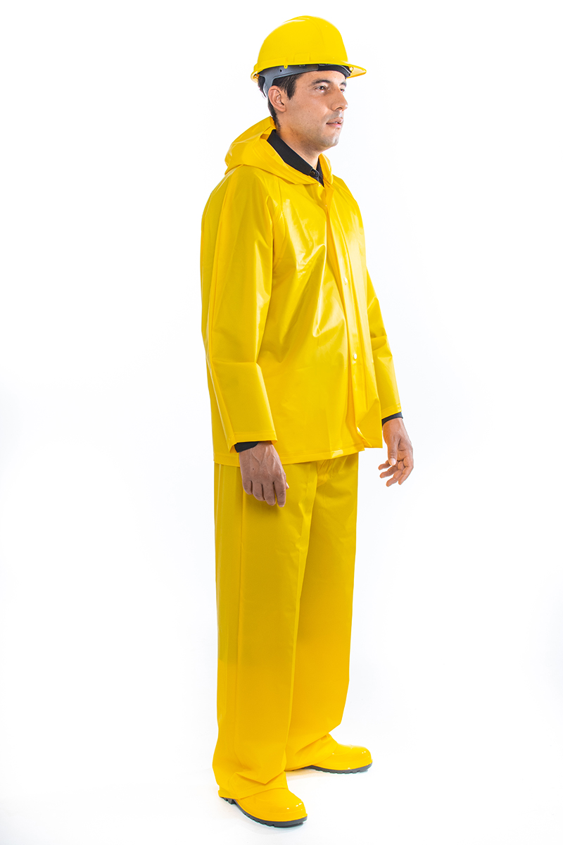 Man from behind wearing a two-piece waterproof suit with snap fasteners