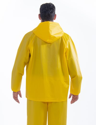 Man from behind wearing a two-piece waterproof suit with snap fasteners