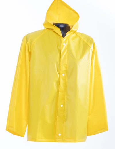 Mannequin wearing a two-piece waterproof suit with snap fasteners