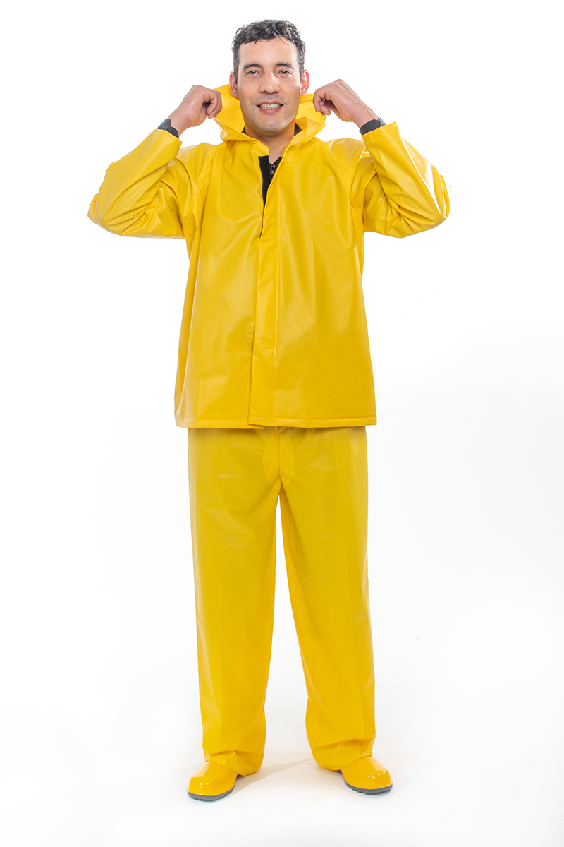 Man wearing a two-piece waterproof suit with velcro and zipper