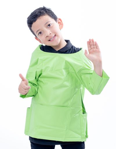 Boy waving with a thumbs up while wearing a green waterproof apron with sleeves