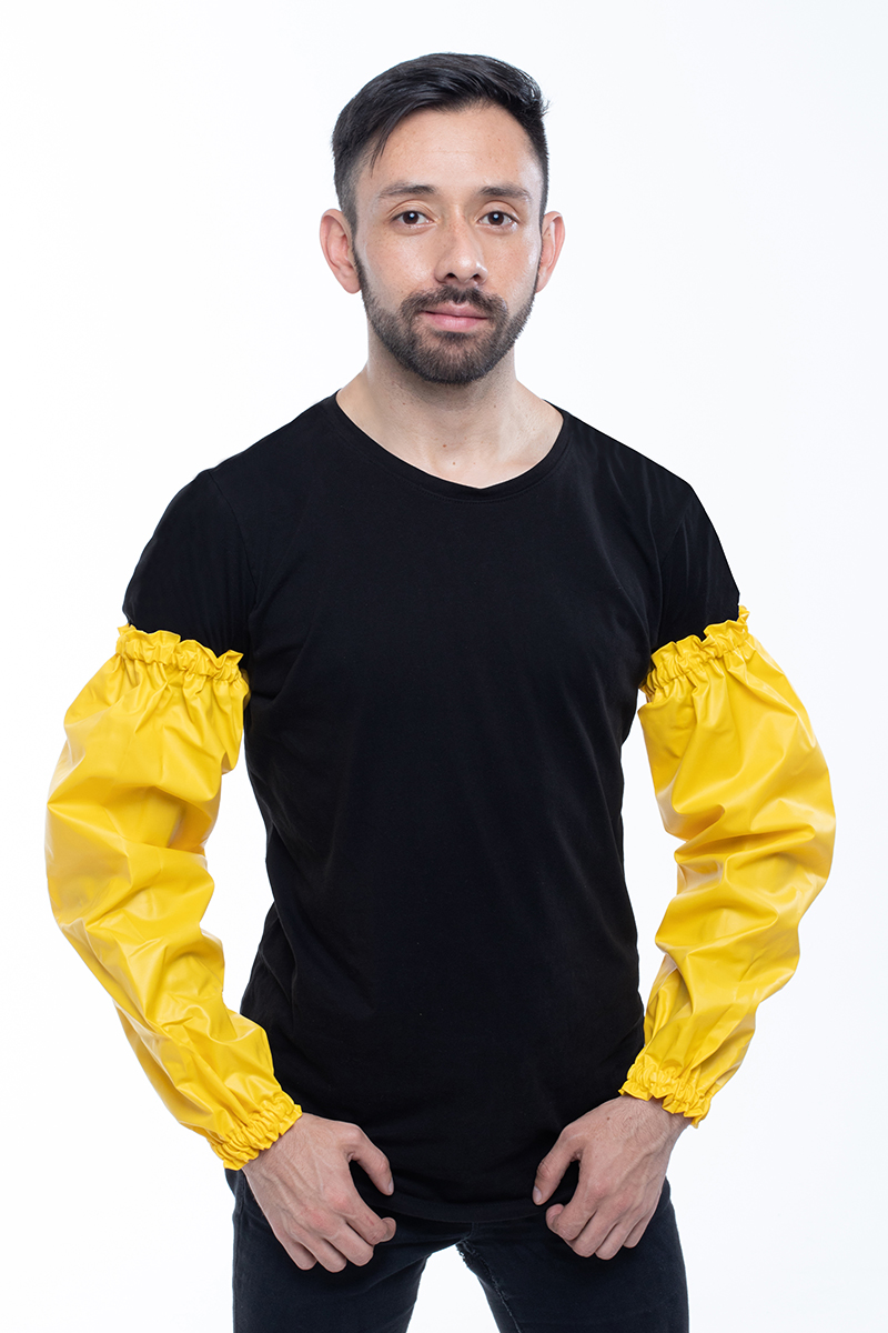 Man wearing yellow waterproof sleeves