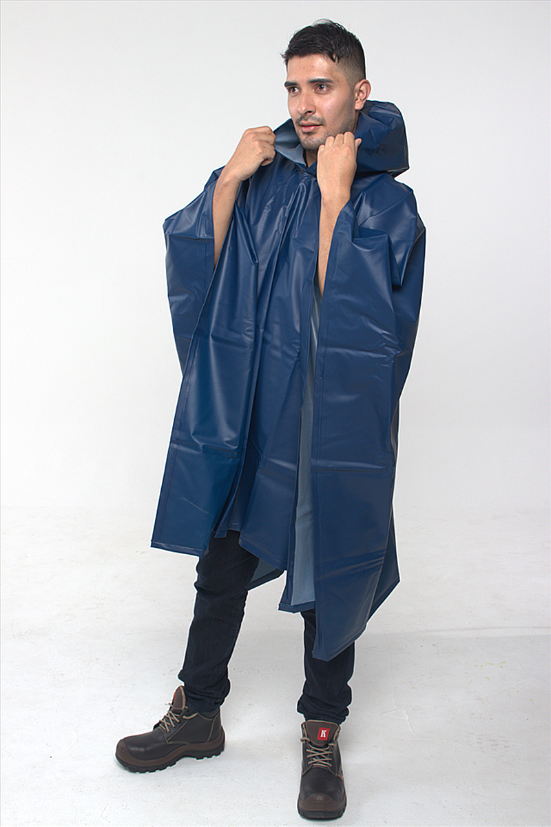 Man wearing a blue waterproof poncho