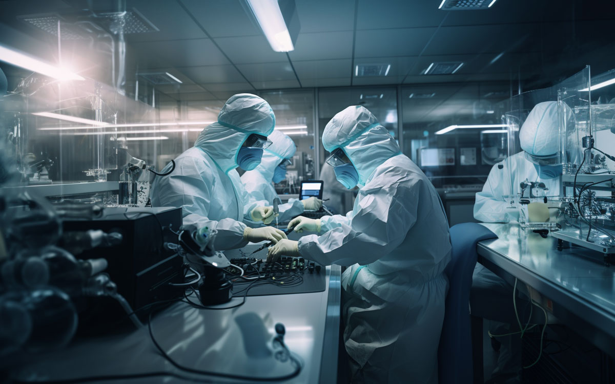 Scientists wearing waterproof hazmat suits in a laboratory