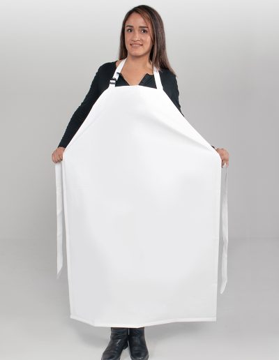 Woman wearing a white waterproof apron